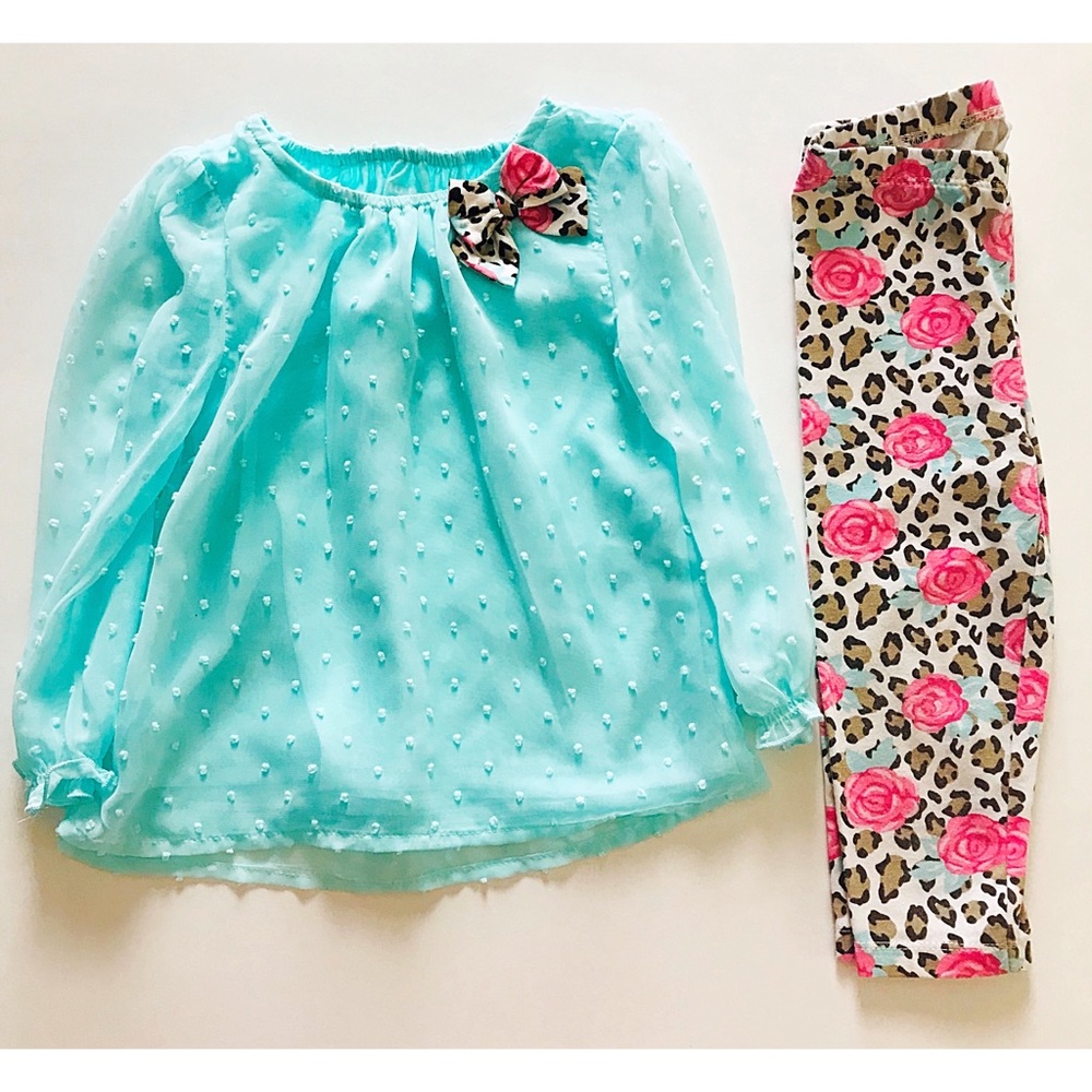 Girl teal top with floral bow & matching pants